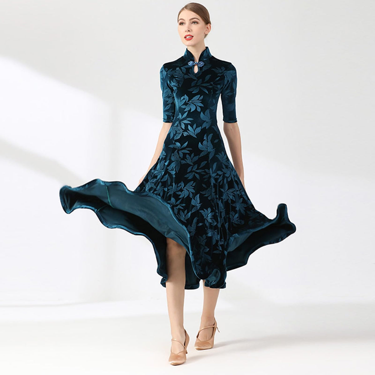 thumbnail image 6 of Women's evening cheongsam long dress. Short - sleeve, slim - fit maxi. Floral faux silk, stand - collar bodycon style., 6 of 6