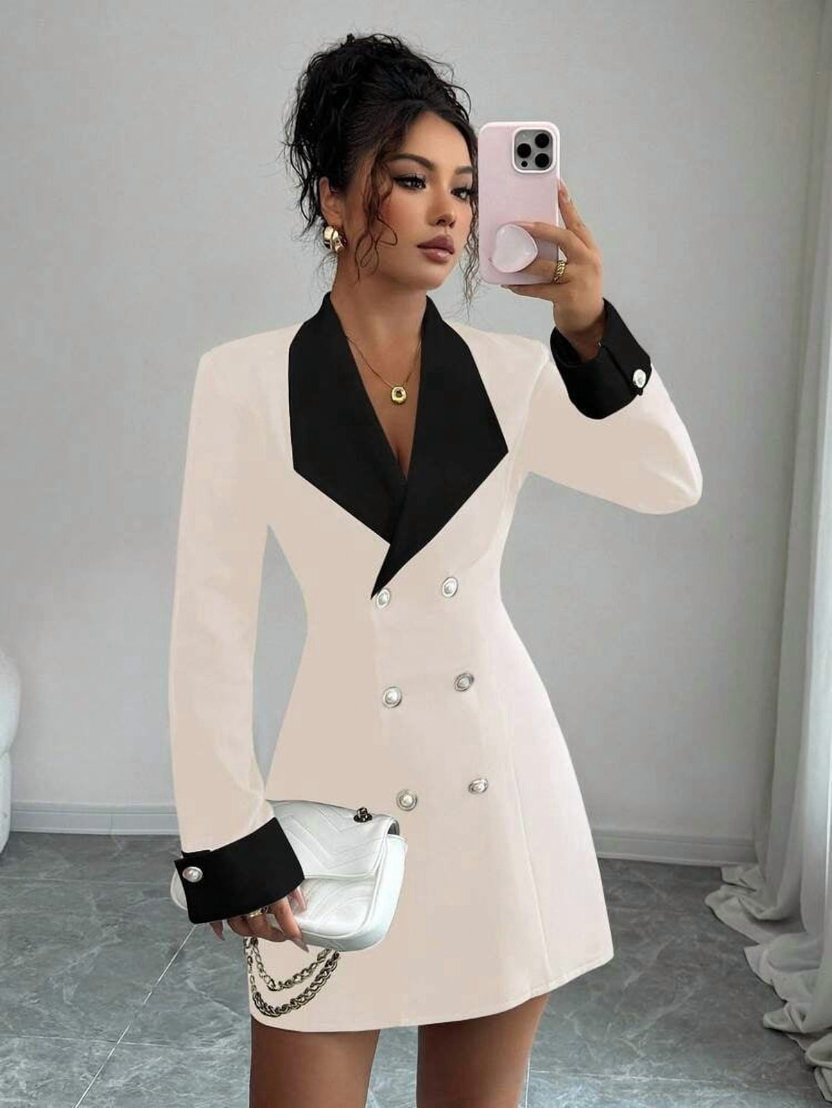 thumbnail image 6 of Apricot Long Sleeve Double Breasted Blazer Dress with Contrast Lapels, 6 of 6