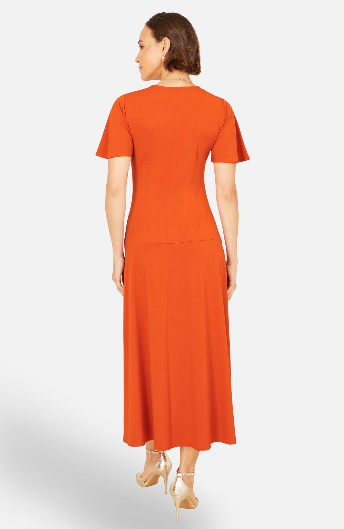 thumbnail image 2 of Yumi Ruched Front Stretch Midi Dress - Orange, 10, 2 of 5