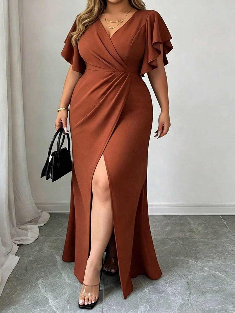 thumbnail image 4 of Womens Rust Brown Ruched Waist Cross V-Neck Long Dress With Ruffle Sleeves, 4 of 5