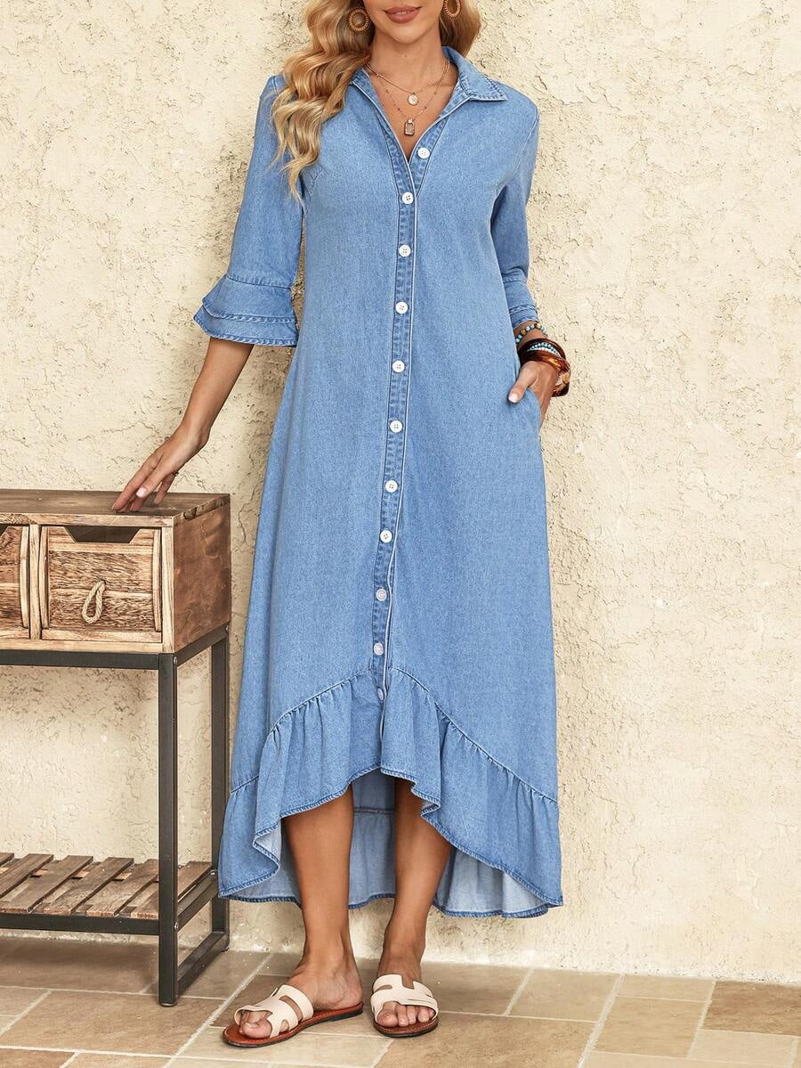 thumbnail image 3 of Womens Light Blue Denim Shirt Dress, Retro 70s Style Bell Sleeves, 3 of 8