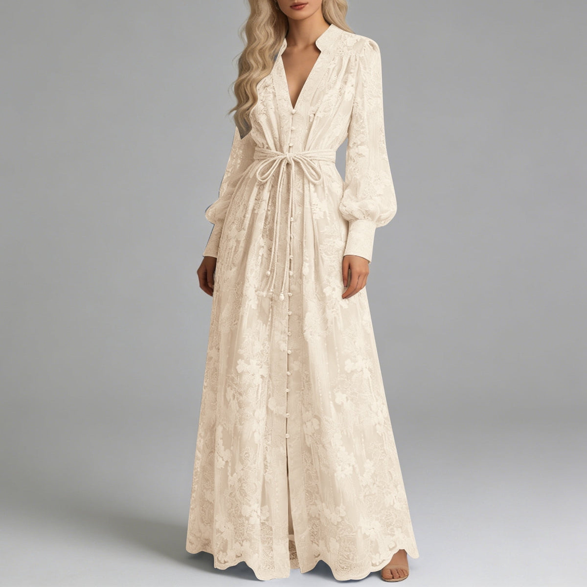 thumbnail image 2 of DHFJKG Boho Dresses For Women Floral Embroidery Deep V Neck Long Lantern Sleeve Maxi Dress With Matching Belt Trendy Dresses, 2 of 4