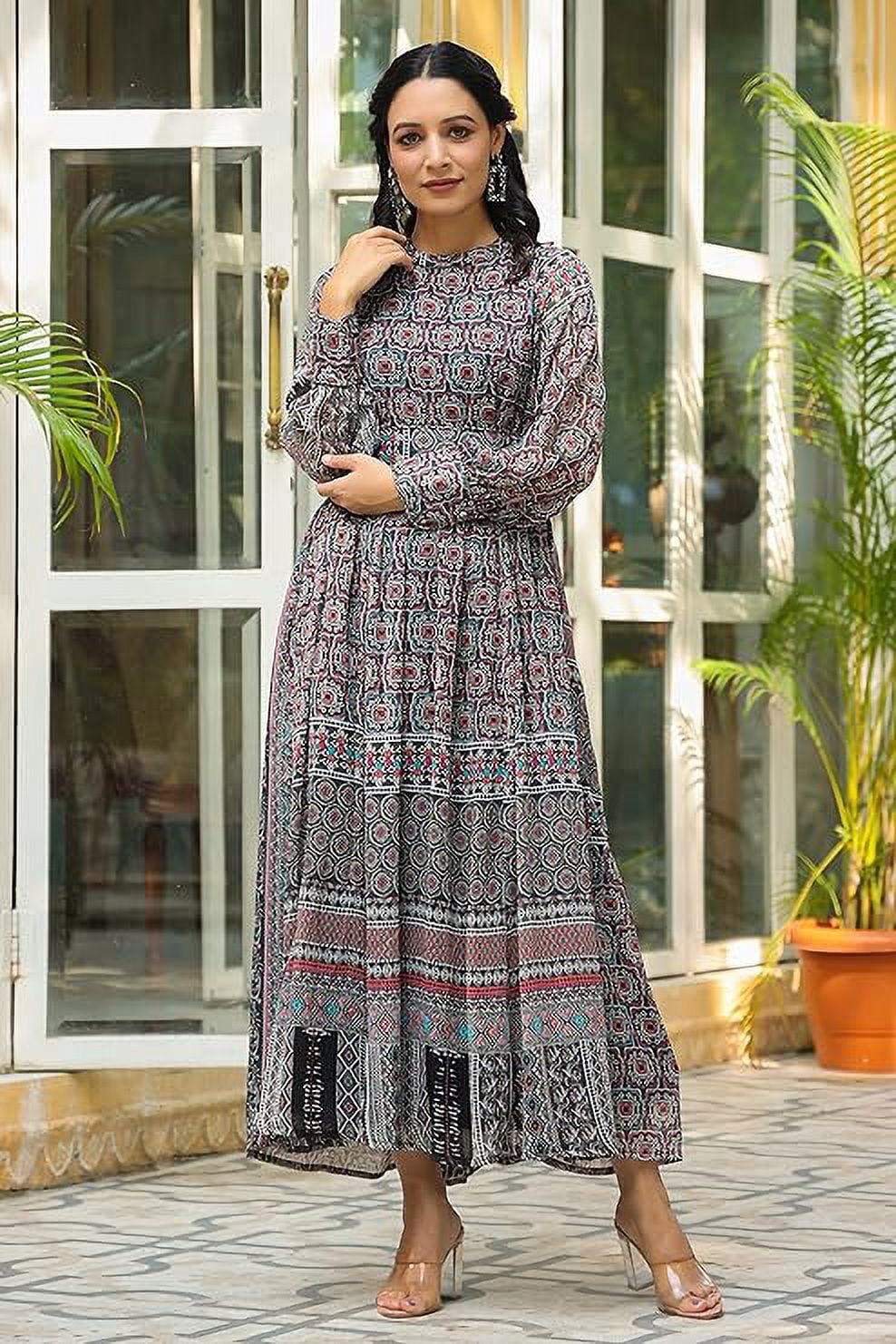 thumbnail image 2 of Black Geometric Printed Chiffon Flared Maxi Dress With Buttons., 2 of 2