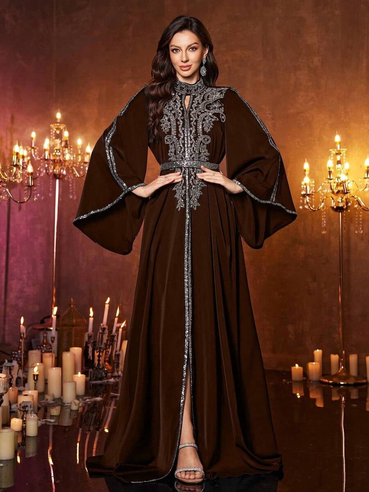 thumbnail image 3 of Coffee Brown Womens Luxury Evening Kaftan Maxi Dress Sequin Embroidered, 3 of 6