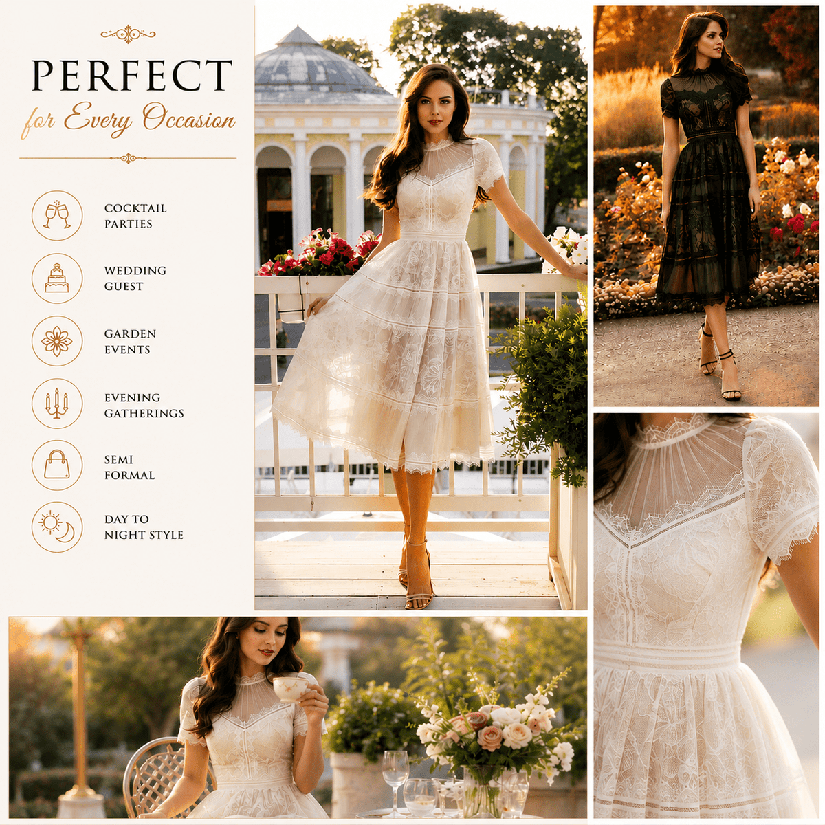 thumbnail image 4 of Elegant Lace Midi Short Sleeves Dress, Women's Formal Cocktail Party Dress, 4 of 5