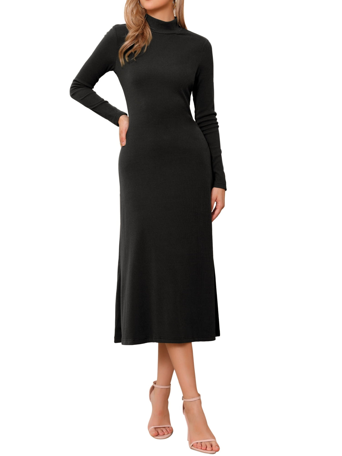 thumbnail image 2 of INSPIRE CHIC Women's Dress Sweater Turtleneck Long Sleeve Stretch Flowy Ribbed Knit Maxi Dress XS Black, 2 of 6