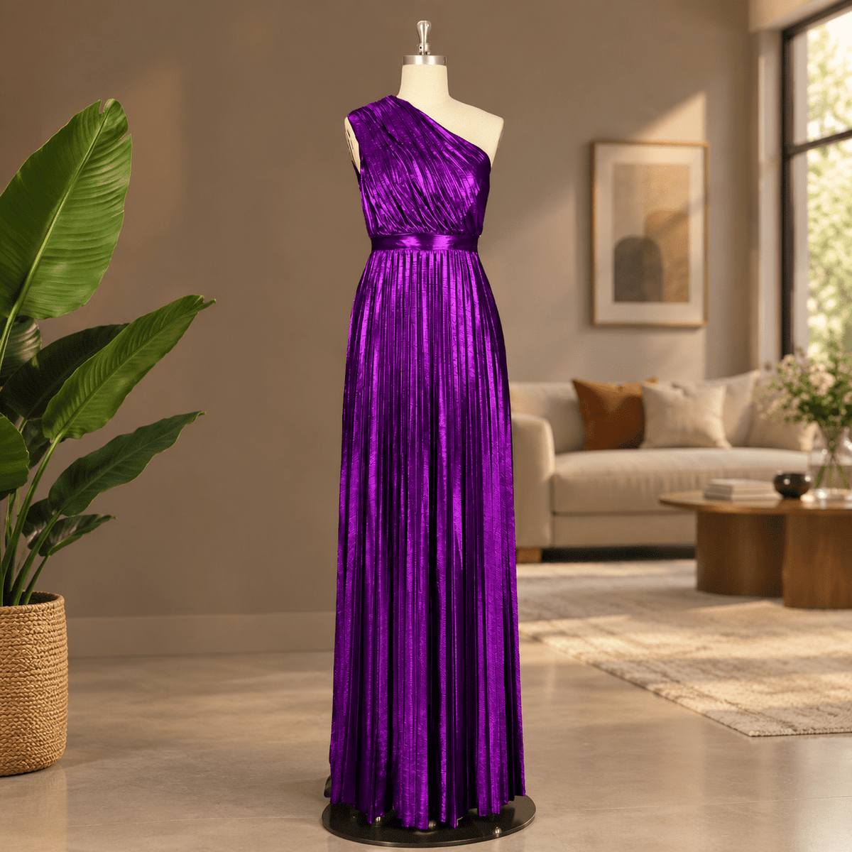 thumbnail image 3 of Women's Purple Metallic One Shoulder Sleeveless Pleated Long Dress, Medium, 3 of 6