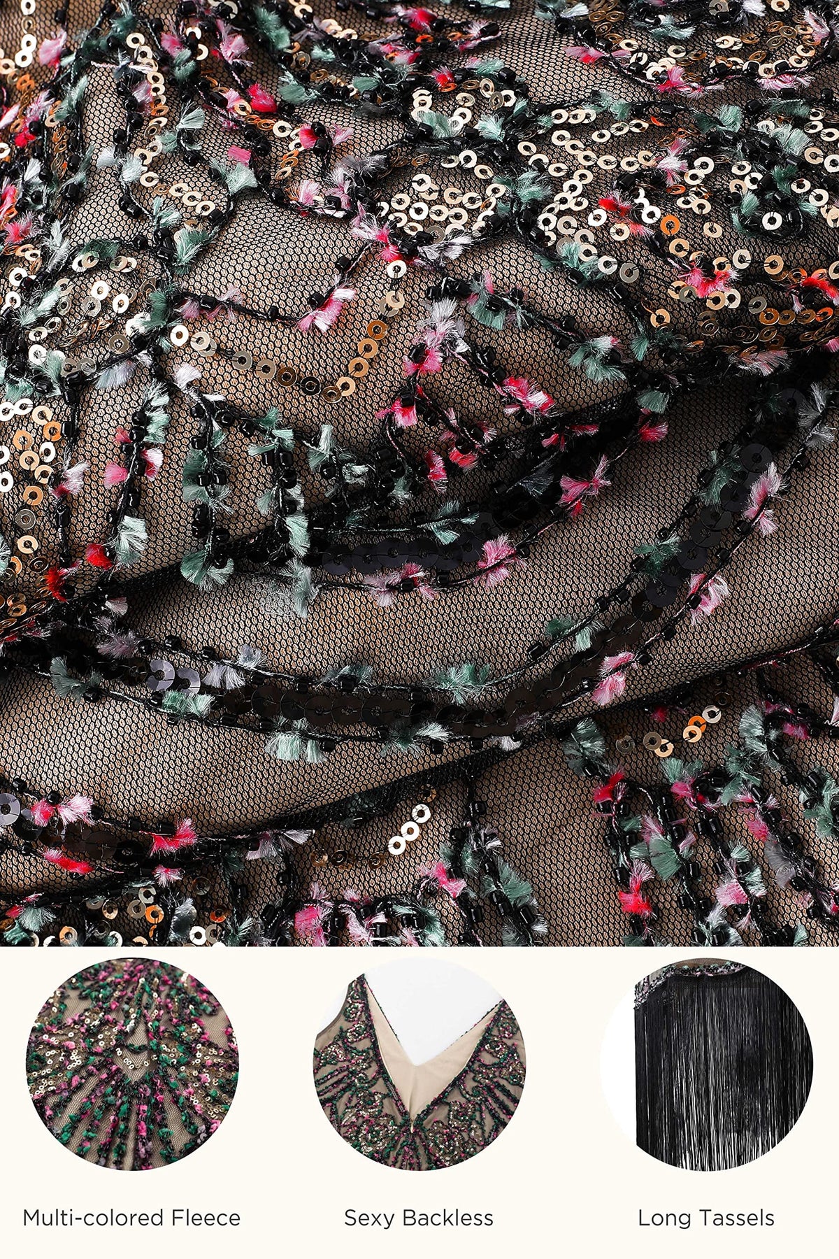 thumbnail image 5 of Konexial Flapper Dresses 1920s V Neck Beaded Fringed Great Gatsby Dress | Colorful Pom-Pom Design, Deep V-Neck & Fitted Silhouette, Breathable Polyester Fabric, for Themed Occasions, 5 of 6