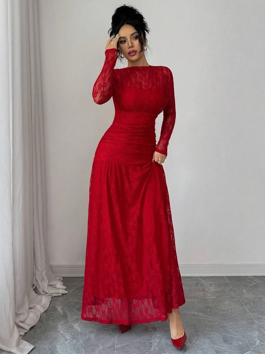 thumbnail image 4 of Red Lace Ruched Long Sleeve Bodycon Maxi Dress For Evening Or Party, 4 of 30