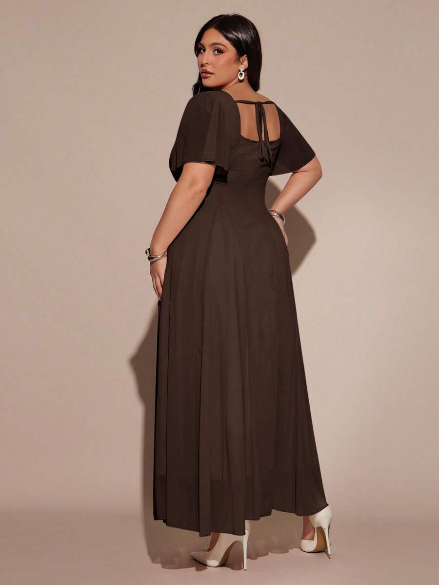 thumbnail image 2 of Brown Plus Size Summer Elegant Solid Color Cinched Waist Dress, 2 of 8