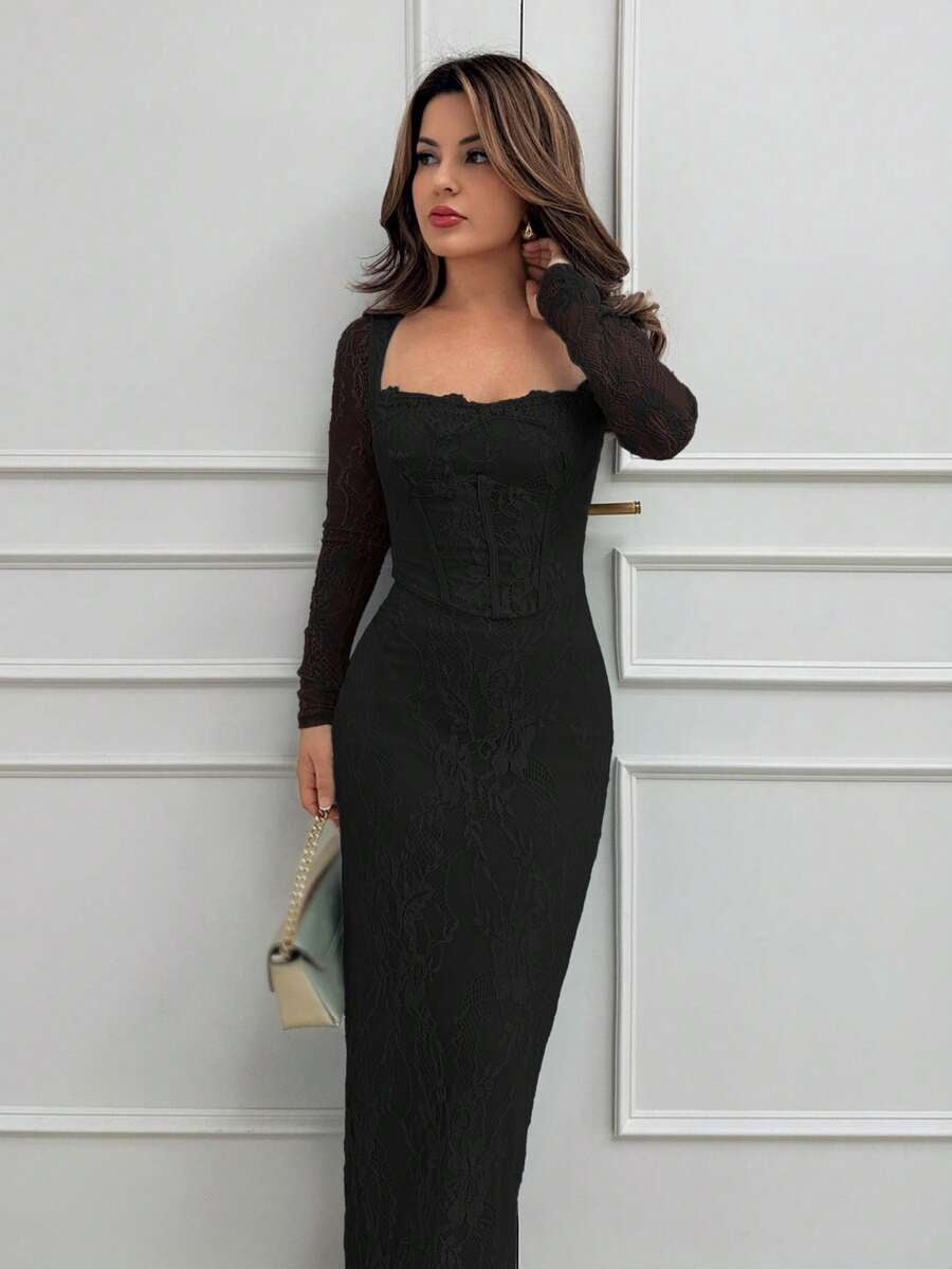 thumbnail image 4 of Black Lace Long Sleeve Square Neck Maxi Dress, 4 of 6