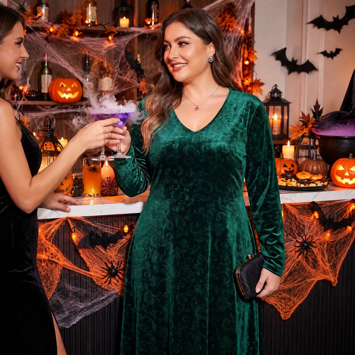 thumbnail image 3 of Agnes Orinda Women's Plus Size Halloween Outfits Velvet Jacquard V Neck Long Sleeve Flowy Dress Cocktail Evening Party Maxi A Line Dresses L Green, 3 of 9
