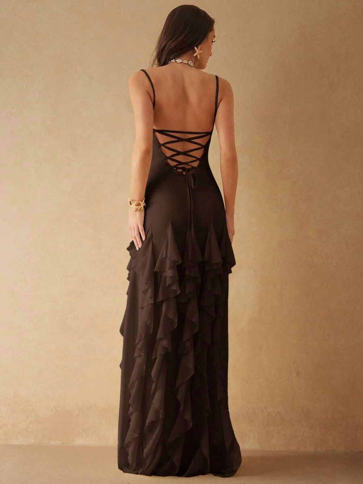 thumbnail image 2 of Womens Elegant Brown Maxi Dress with Ruffle Hem and Lace-Up Back, 2 of 7