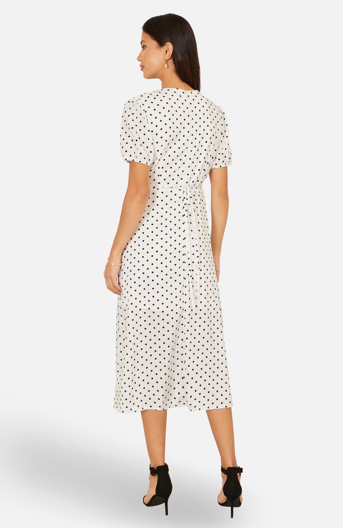 thumbnail image 2 of Yumi Spot Print Wrap Tea Dress - White, 4, 2 of 5