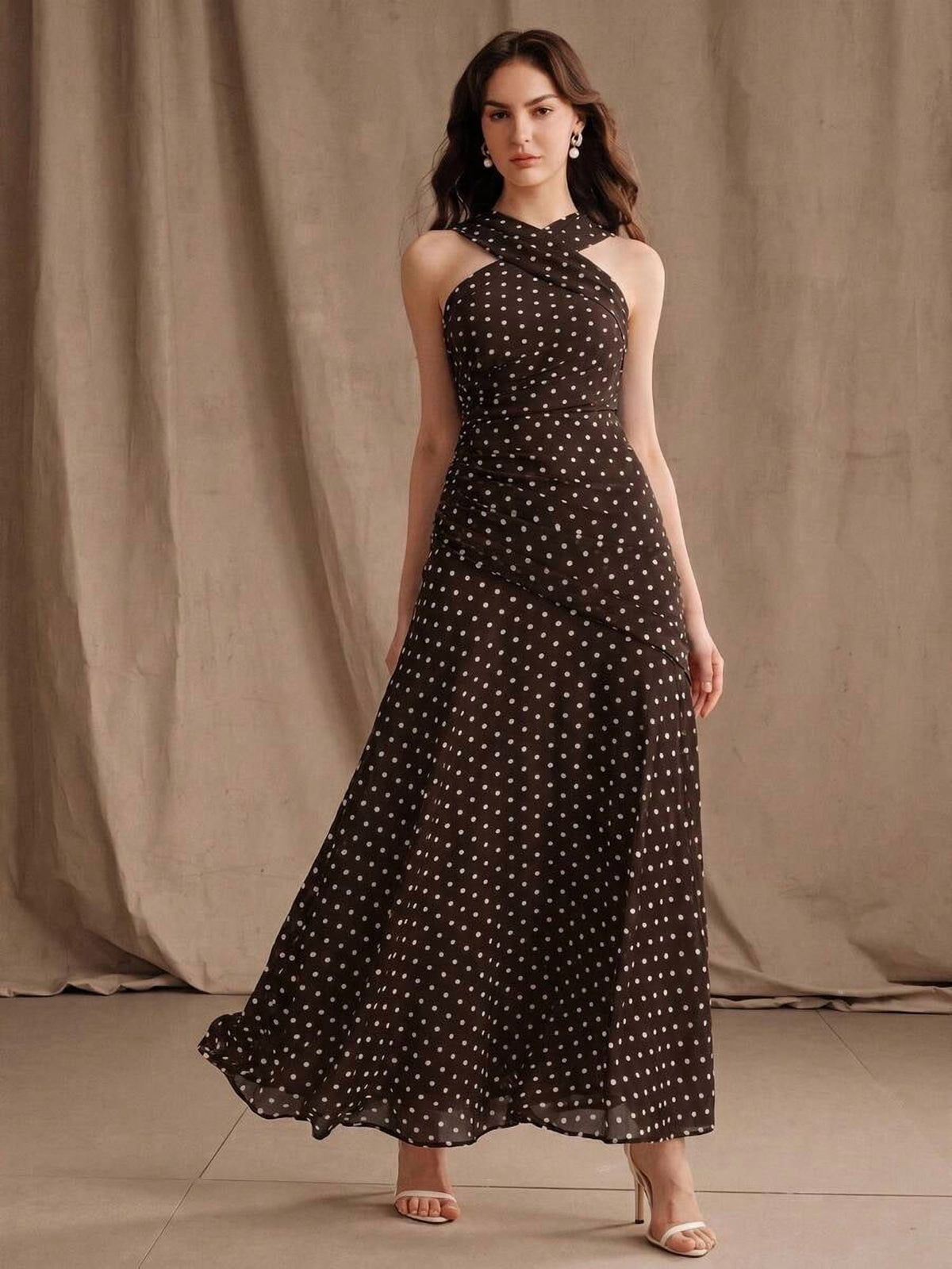 thumbnail image 6 of Womens Coffee Polka Dot Halter Neck Sleeveless Maxi Dress, 6 of 7