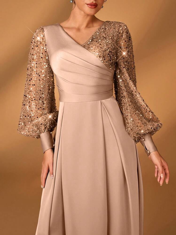 thumbnail image 2 of Champagne V Neck A Line Evening Dress with Sequin Lantern Sleeves, 2 of 7