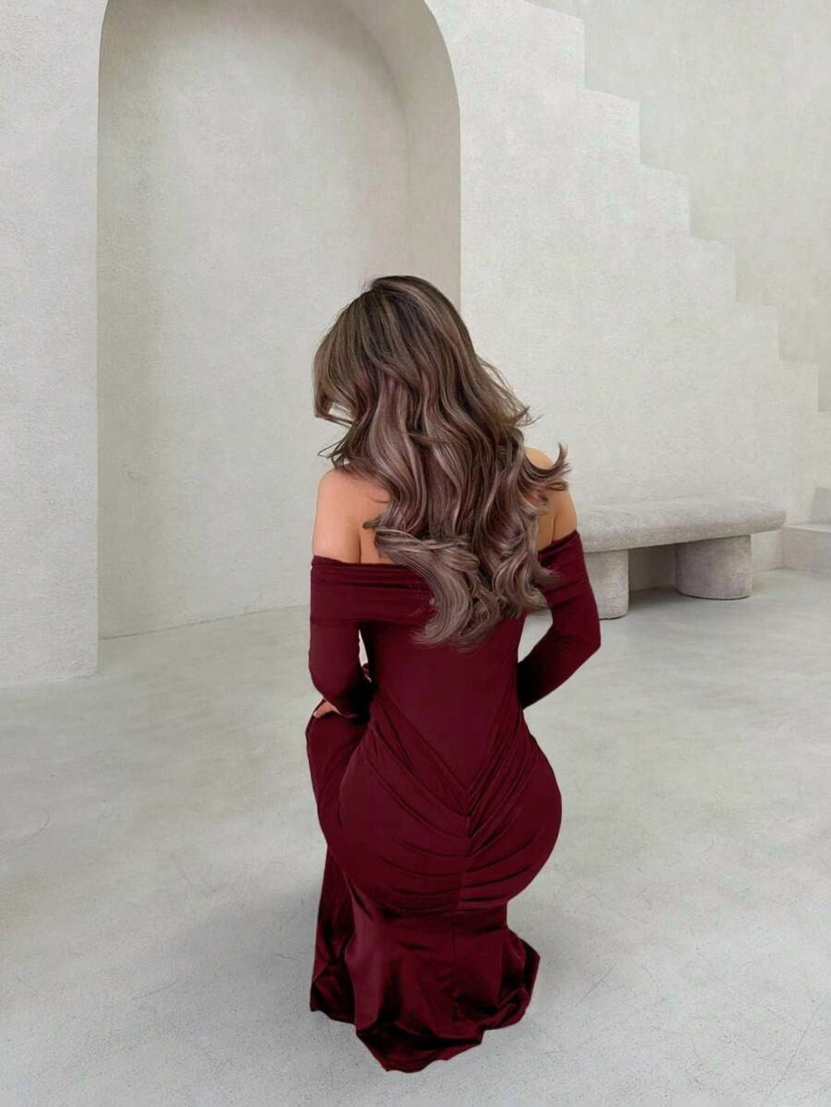 thumbnail image 2 of Elegant Burgundy Off-Shoulder Long Sleeve Maxi Dress with Ornamental Buckle, 2 of 6