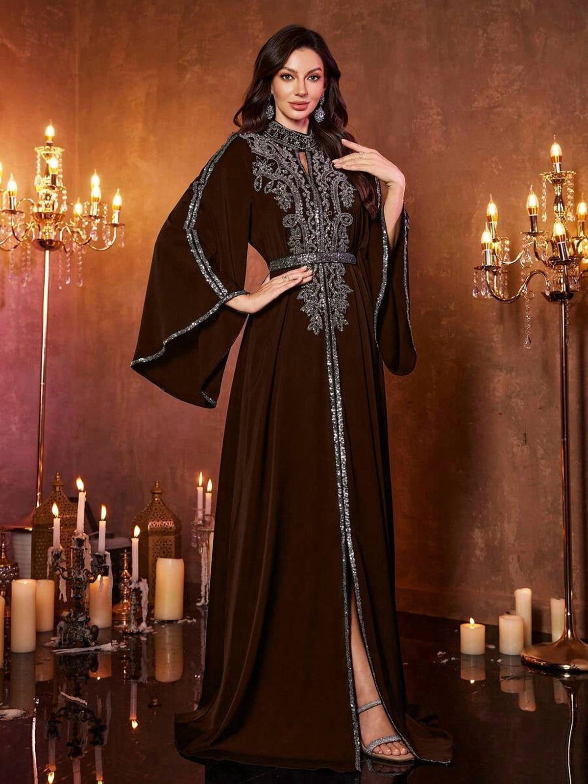 thumbnail image 6 of Coffee Brown Womens Luxury Evening Kaftan Maxi Dress Sequin Embroidered, 6 of 6