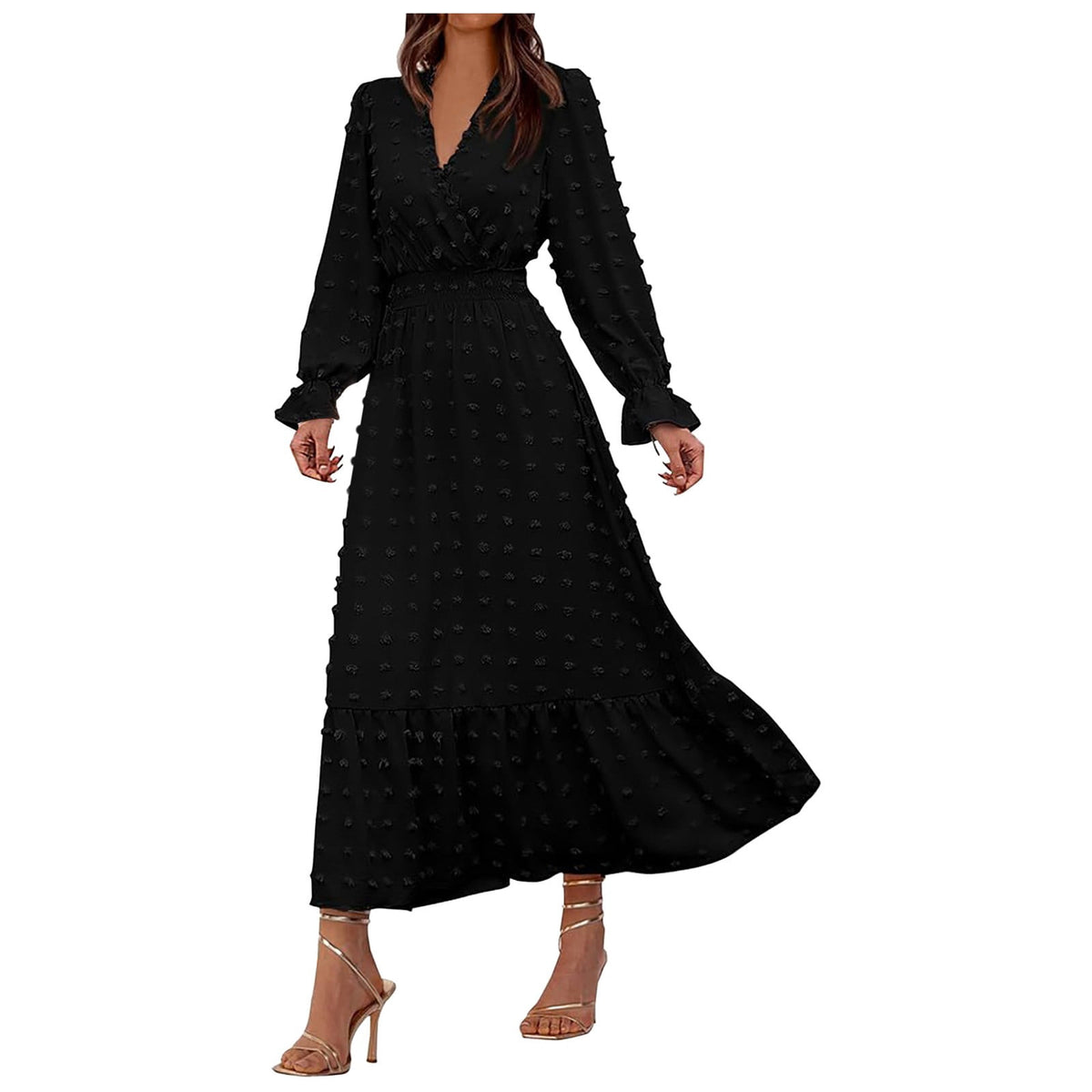 thumbnail image 1 of felwors Women Fall Maxi Dresses 2025 Long Sleeve V Neck Swiss Dots High Waisted A-Line Ruffle Boho Long Dress Vacation Black, XL, 1 of 5